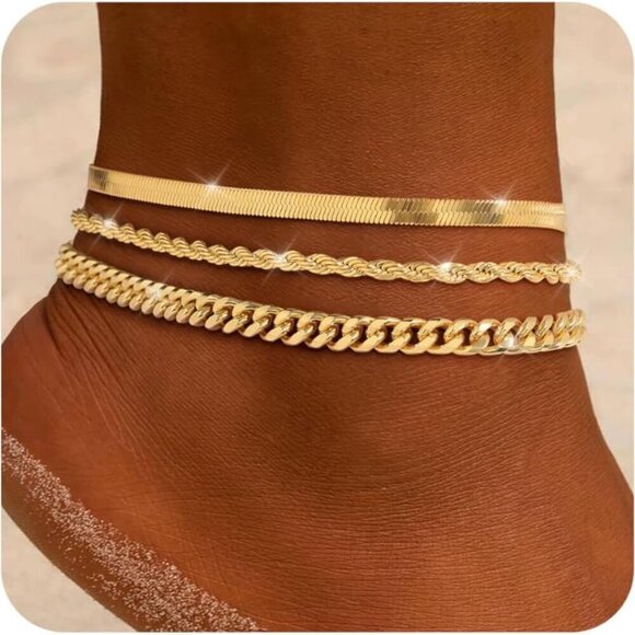 Accessories - Women's Gold Silver Anklets Set 14K Plated Cuban Heart Layered Beach Jewelry